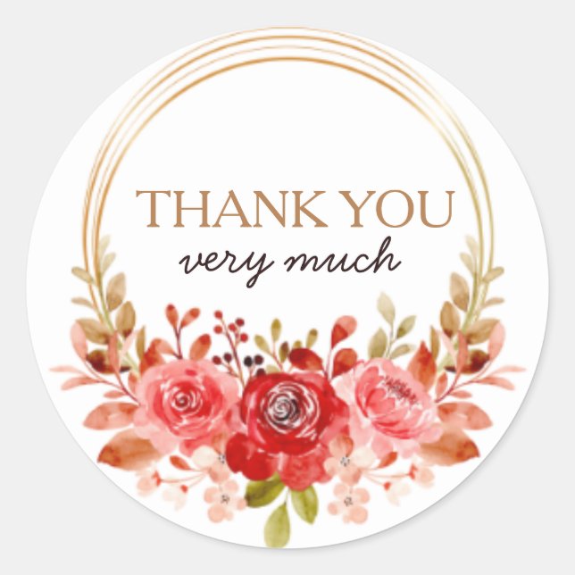 Red and gold thank you floral leaves sticker (Front)