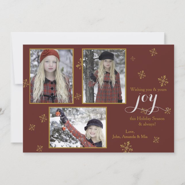 Red and Gold Three Photo Holiday Card (Front)