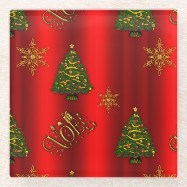 Red and Gold Traditional Christmas Glass Coaster (Front)