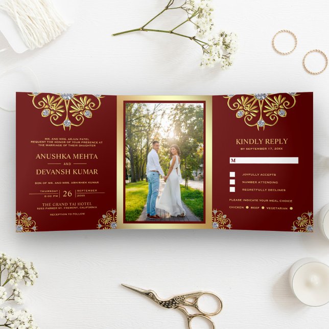 Red and Gold Traditional Mandala Indian Wedding Tri-Fold Invitation (Creator Uploaded)