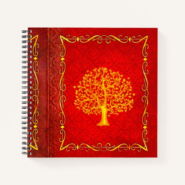Red and Gold Tree Faux Leather Ancient Tome Notebook (Front)
