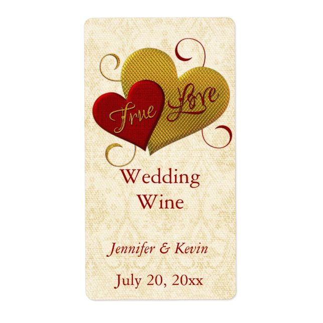 Red and Gold True Love Wedding Mini Wine Label (Front)