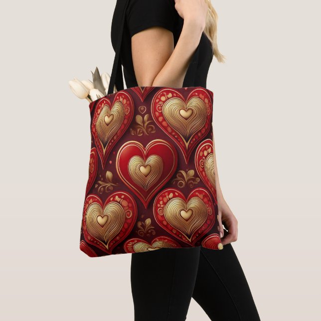 RED AND GOLD VALENTINES DAY LOVE HEARTS TOTE BAG (Close Up)