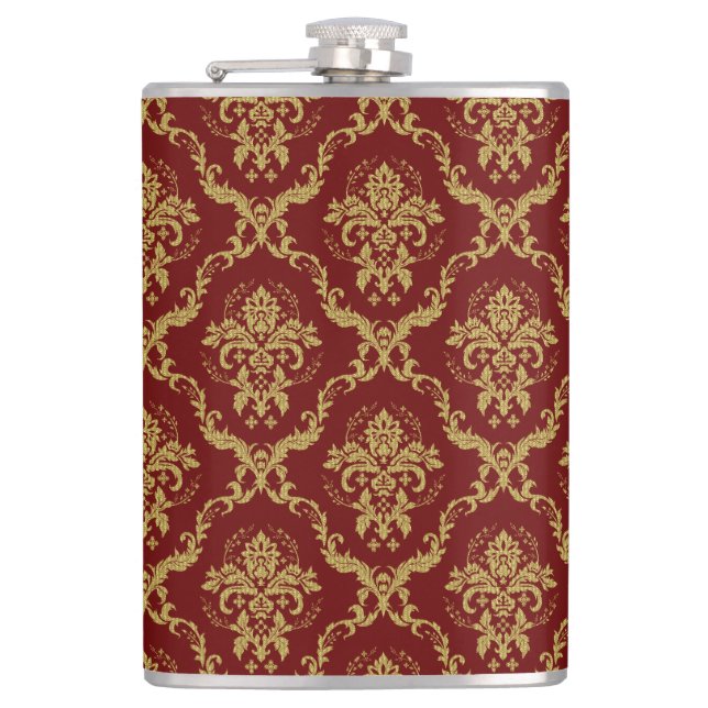 Red and gold vintage damask hip flask (Front)