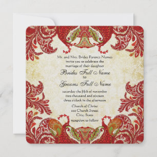 Red and Gold Vintage Paisley Damask Wedding Invitation