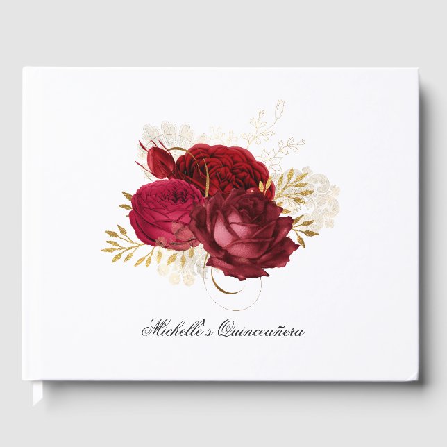 Red and Gold Vintage Rose Quinceañera Guest Book (Front)