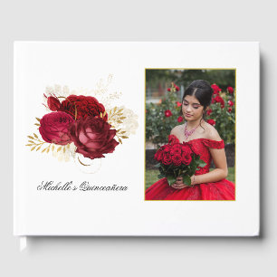 Red and Gold Vintage Rose Quinceañera Photo Guest Book