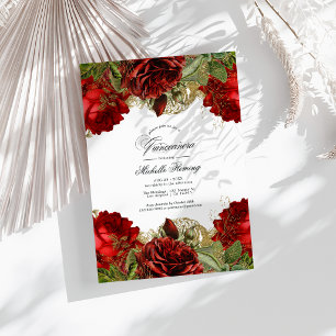 Red and Gold Vintage Roses Quinceañera Photo Invitation