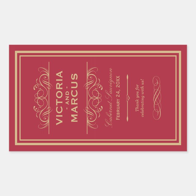 Red and Gold Wedding Wine Bottle Monogram Favour Rectangular Sticker (Front)