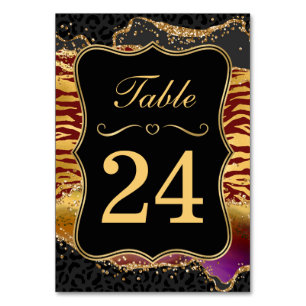 Red and Gold Wild Jungle Glitter Agate Wedding Table Number