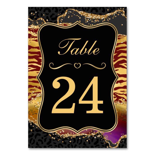 Red and Gold Wild Jungle Glitter Agate Wedding Table Number (Front)