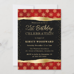 Red and Gold Winter Snowflakes 21st Birthday Invitation