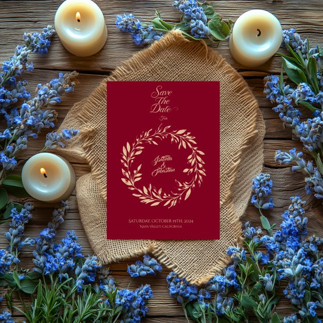 Red and Gold Wreath Save the Date Wedding Card (Creator Uploaded)