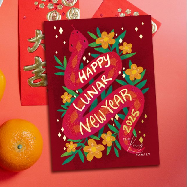 Red and Gold Year of the Snake Lunar New Year Card (Red illustrated snake with gold foil message celebrating the Lunar New Year)