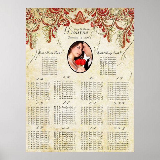 Red and Gold Your Photo Wedding Seating Chart (Front)
