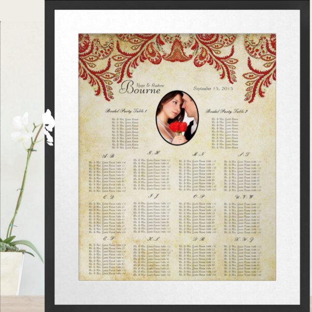 Red and Gold Your Photo Wedding Seating Chart (To see frame and mat pricing,  please choose your options.)