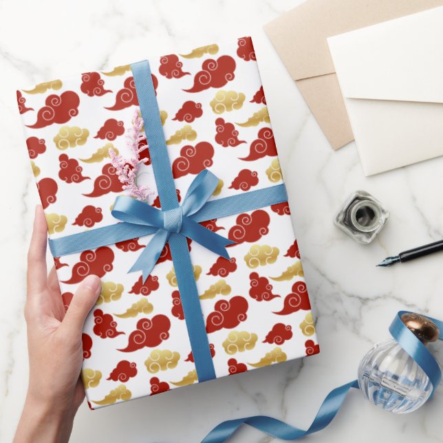 Red and Golden Auspicious Clouds Chinese New Year Wrapping Paper (Gifting)