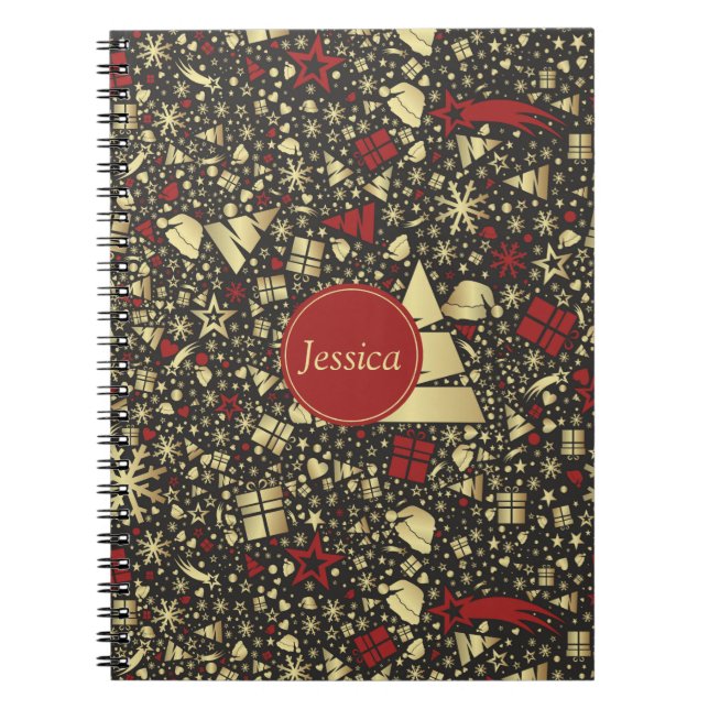 Red and Golden Christmas Tree Snowflakes and Stars Notebook (Front)