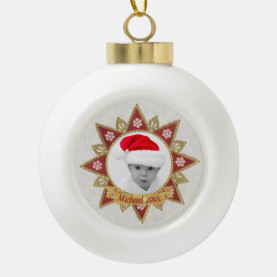 Red And Golden Luxury Circle Shape Frame Snowflake Ceramic Ball Christmas Ornament