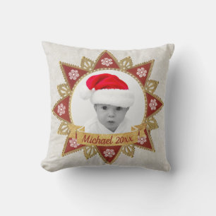 Red And Golden Luxury Circle Shape Frame Snowflake Cushion