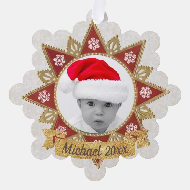 Red And Golden Luxury Circle Shape Frame Snowflake Tree Decoration Card (Front)