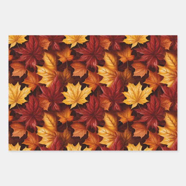 red and golden maple leaf design wrapping paper sheet (Front)