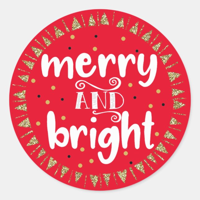 Red and Golden Merry & Bright Christmas Classic Round Sticker (Front)