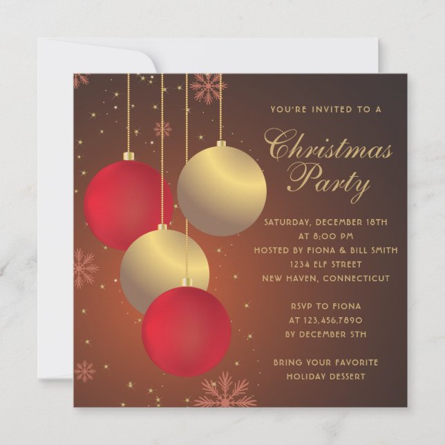 Red and Golden Ornaments Christmas Holiday Party  Invitation (Front)