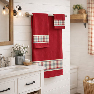 Red and gray farm style plaid bath towel set