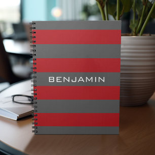 Red and Gray Rugby Stripes with Custom Name Notebook