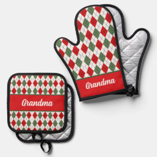 Red and Green Argyle Patterned Grandma Christmas Oven Mitt & Pot Holder Set