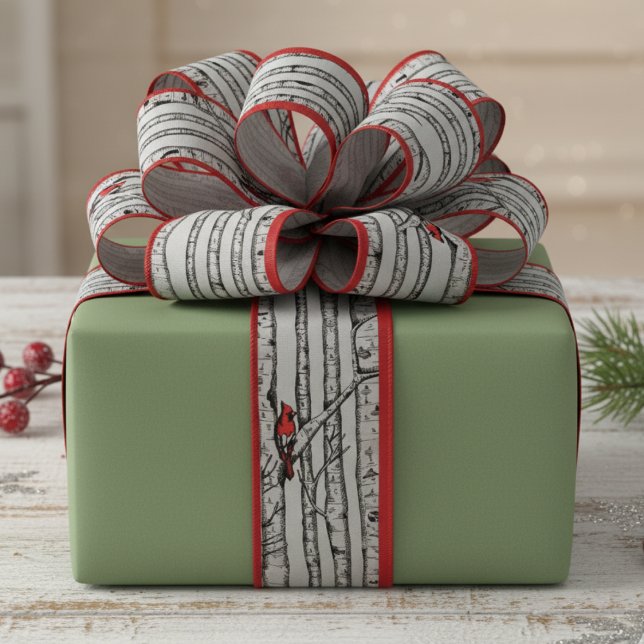 Red and Green Birch Trees and Red Cardinal Birds Grosgrain Ribbon (Elegant Winter Red Cardinal Bird & Birch Trees Pattern Ribbon for Christmas. Nature Birds Gift Wrap)
