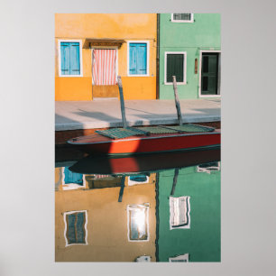 RED AND GREEN BOAT DOCKING ON DOCK POSTER