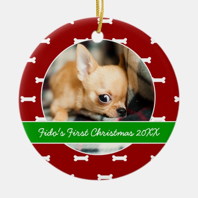 Red and Green Bones Puppy's First Christmas Ceramic Tree Decoration (Front)
