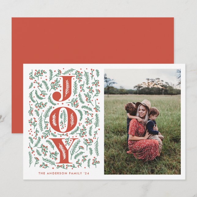 Red and green botanical JOY illustration photo Holiday Card (Front/Back)