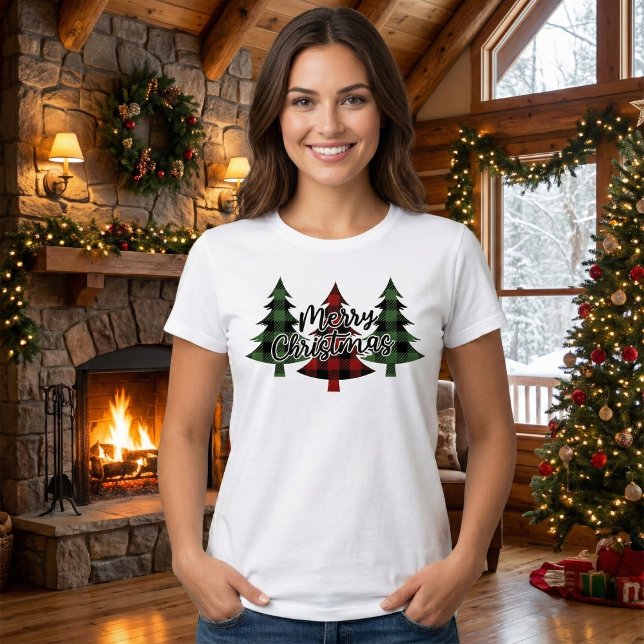 Red and Green Buffalo Plaid Merry Christmas Trees T-Shirt (Red and Green Buffalo Plaid Merry Christmas Trees T-Shirt)