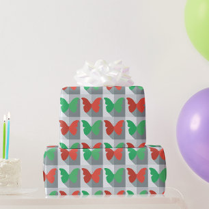 Red and Green Butterfly Pattern Wrapping Paper