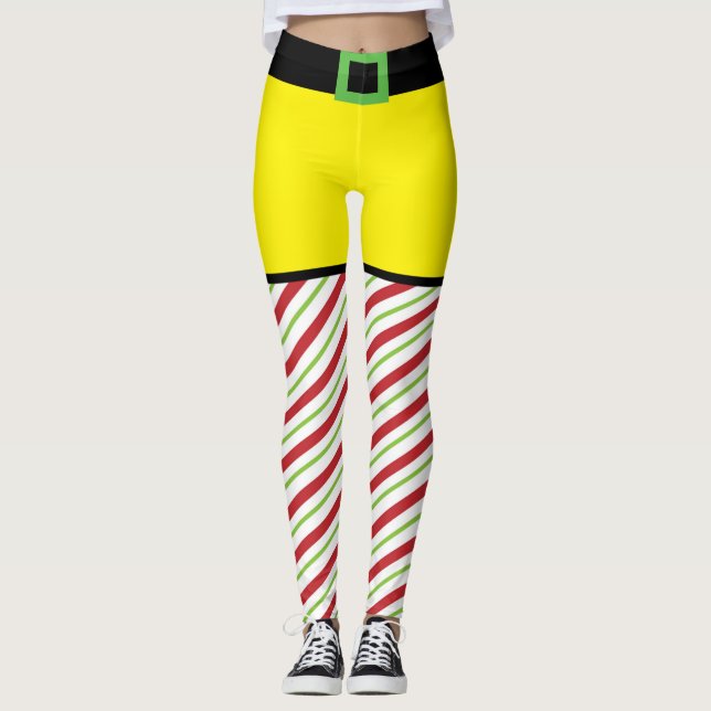 Red and Green Candy Cane Elf Christmas Leggings (Front)