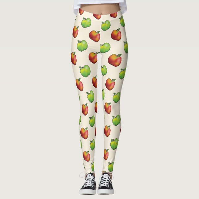 Red And Green Cartoon Apple Fruits Pattern Leggings (Front)
