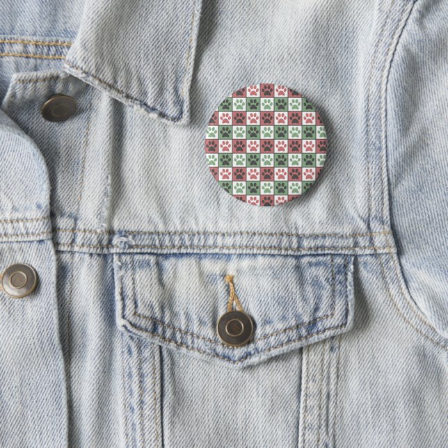 Red and Green Checkered Dog Paw Print Pattern 6 Cm Round Badge (In Situ)