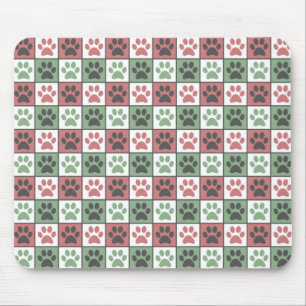 Red and Green Checkered Dog Paw Print Pattern Mouse Mat