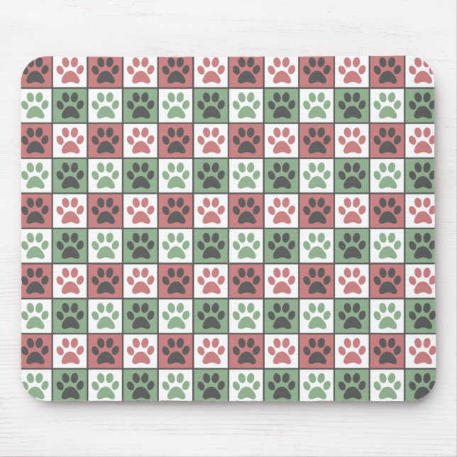 Red and Green Checkered Dog Paw Print Pattern Mouse Mat (Front)