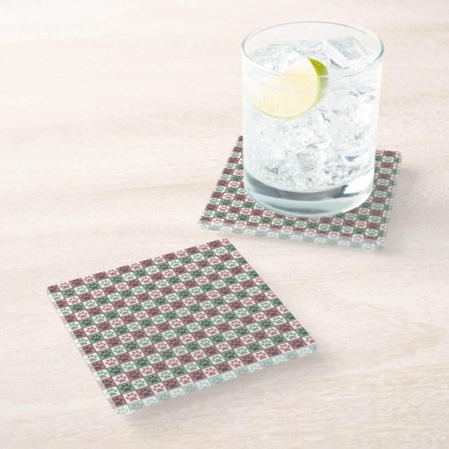 Red and Green Chequered Dog Paw Print Pattern  Glass Coaster (Angled)