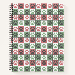 Red and Green Chequered Dog Paw Print Pattern  Notebook