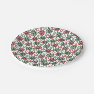Red and Green Chequered Dog Paw Print Pattern  Paper Plate