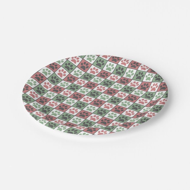 Red and Green Chequered Dog Paw Print Pattern  Paper Plate (Angled)