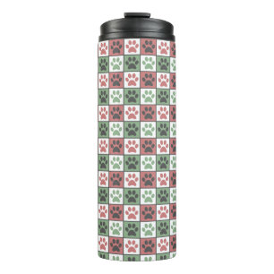 Red and Green Chequered Dog Paw Print Pattern Thermal Tumbler