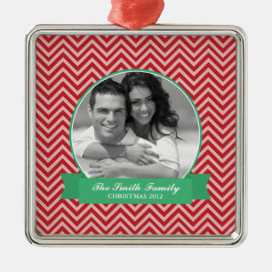 Red and Green Chevrons Pattern Christmas Photo Metal Tree Decoration