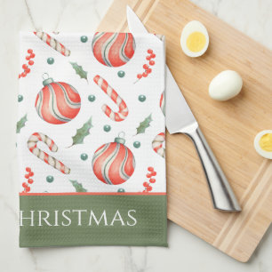 Red and Green Christmas Bulbs Pattern Monogram Tea Towel