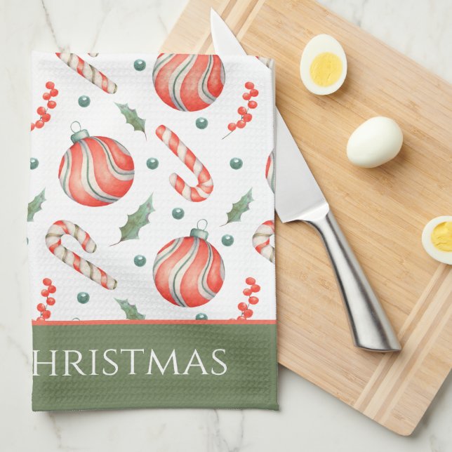 Red and Green Christmas Bulbs Pattern Monogram Tea Towel (Quarter Fold)